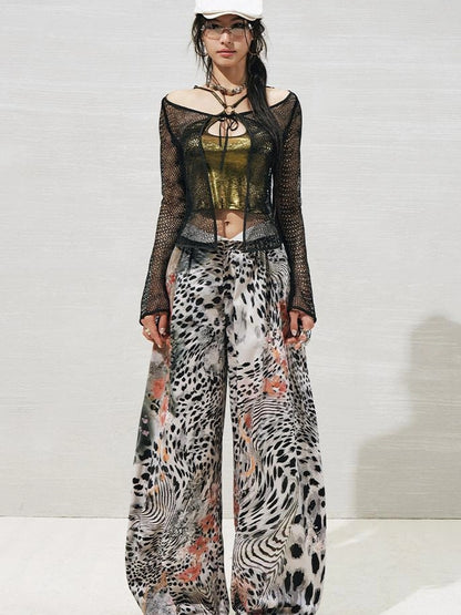 OfAkiva Folded Waist Sickle Pants With Illusion Leopard Print