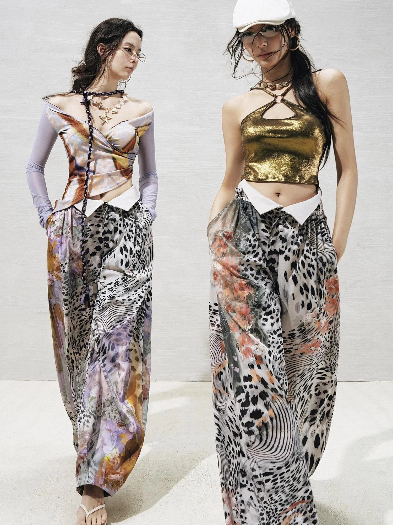 OfAkiva Folded Waist Sickle Pants With Illusion Leopard Print