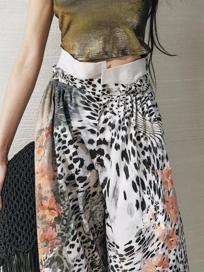 OfAkiva Folded Waist Sickle Pants With Illusion Leopard Print