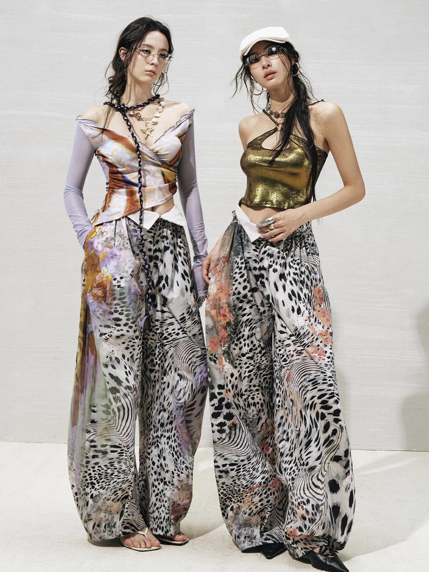 OfAkiva Folded Waist Sickle Pants With Illusion Leopard Print