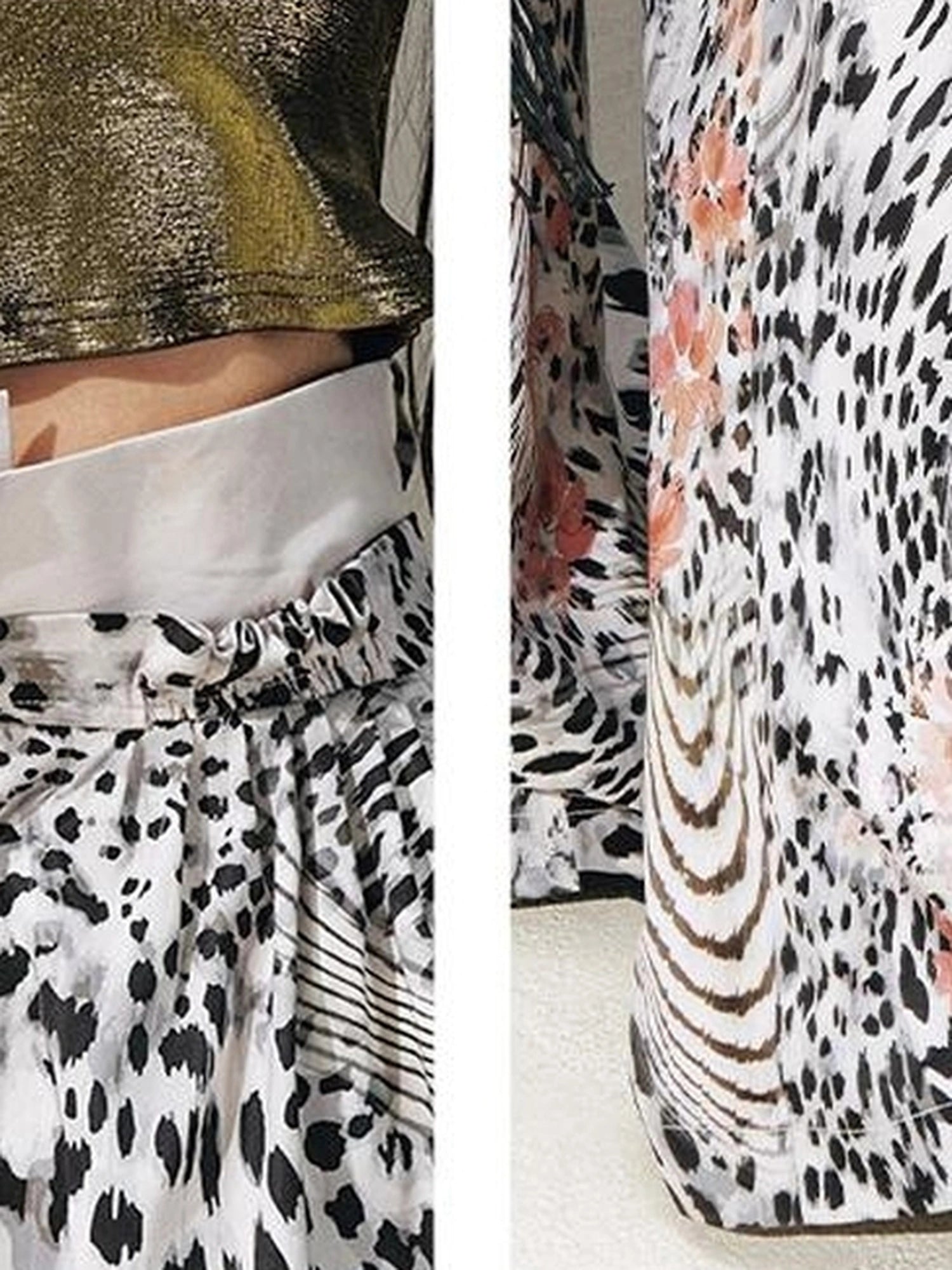 OfAkiva Folded Waist Sickle Pants With Illusion Leopard Print