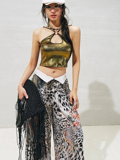 OfAkiva Folded Waist Sickle Pants With Illusion Leopard Print