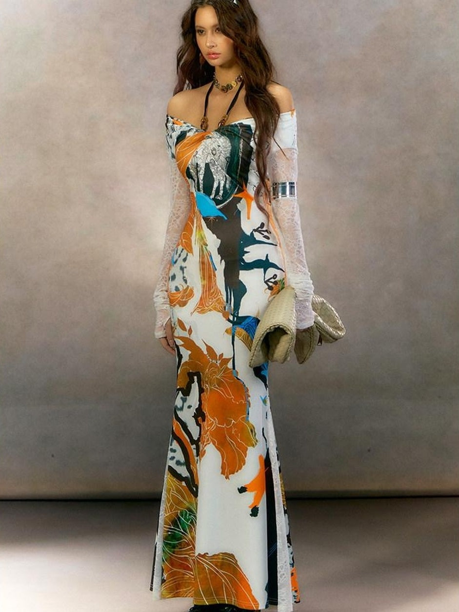 OfAkiva French Chic Colorblock V-ceck Long Sleeve High Waist Printed Women Maxi Dresses