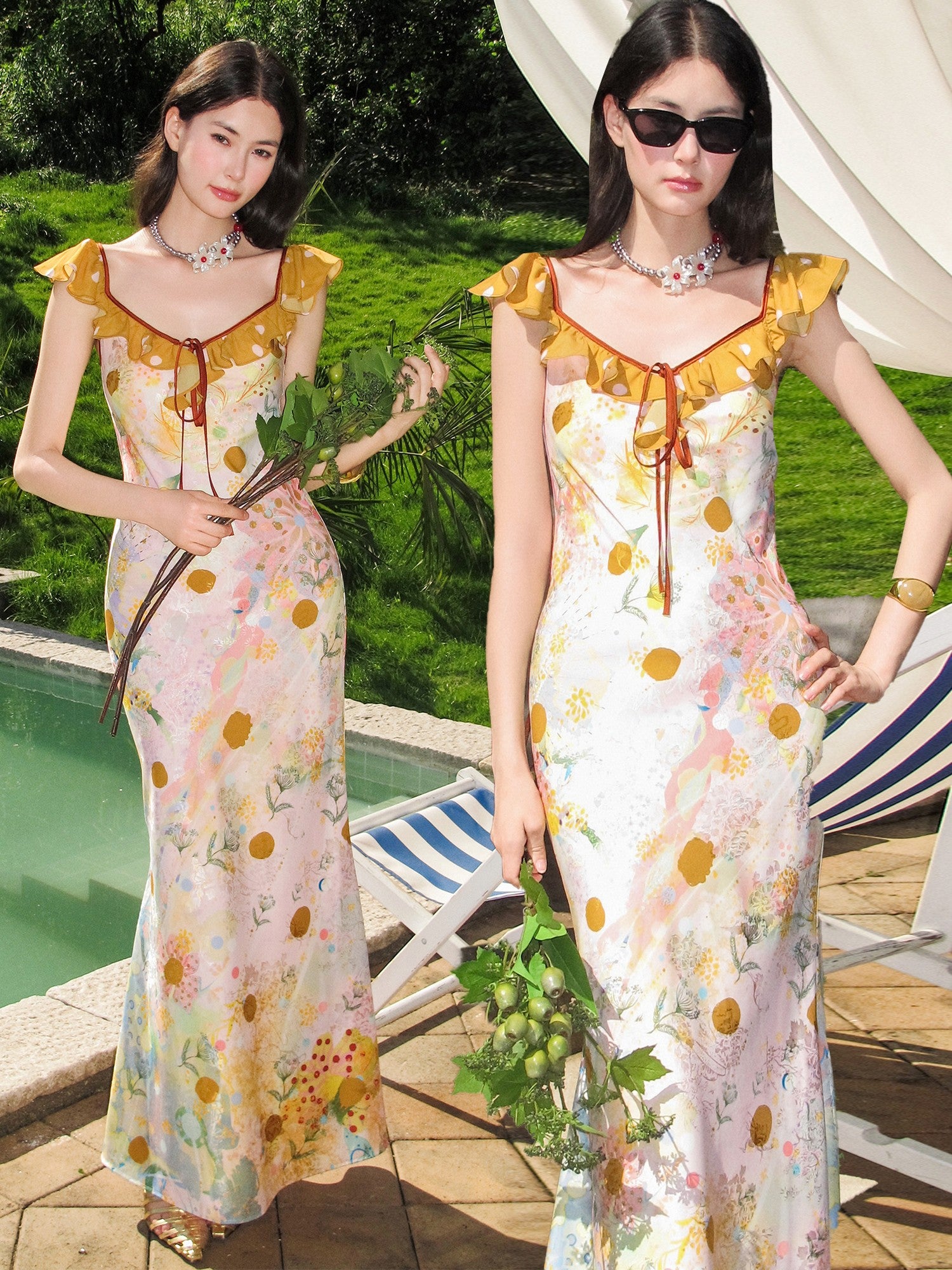 OfAkiva French Floral Ruffle Bias Cut Cinched Waist Mermaid Women&