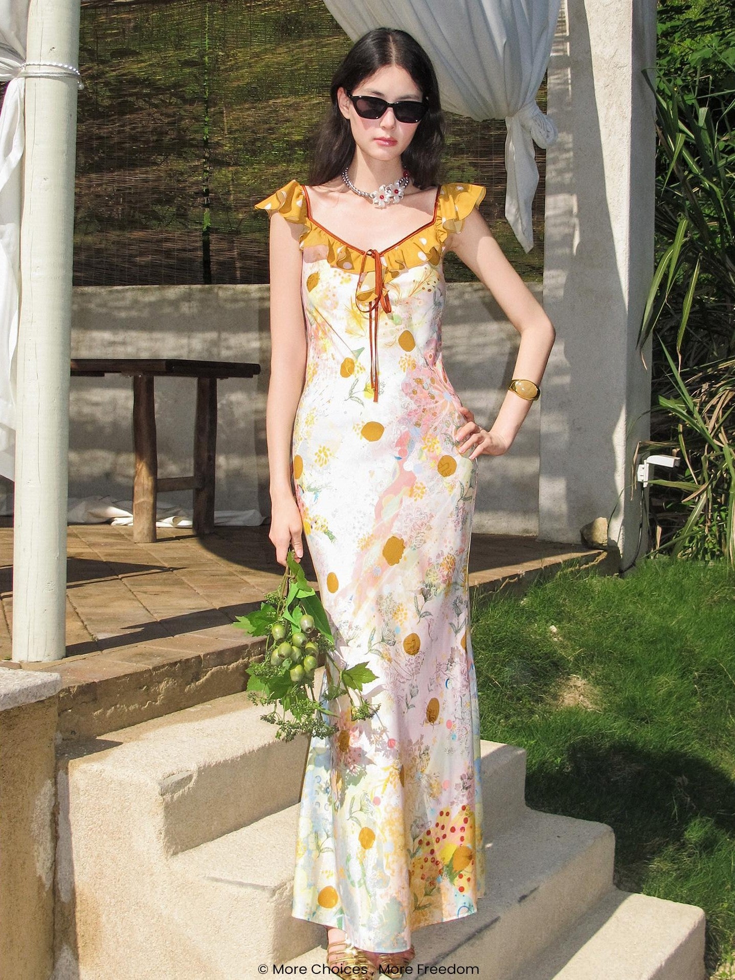 OfAkiva French Floral Ruffle Bias Cut Cinched Waist Mermaid Women&