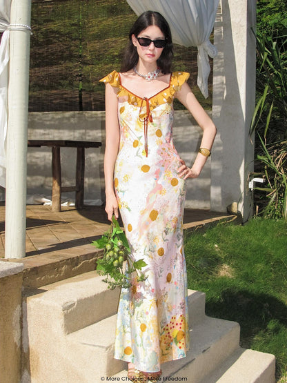 OfAkiva French Floral Ruffle Bias Cut Cinched Waist Mermaid Women&