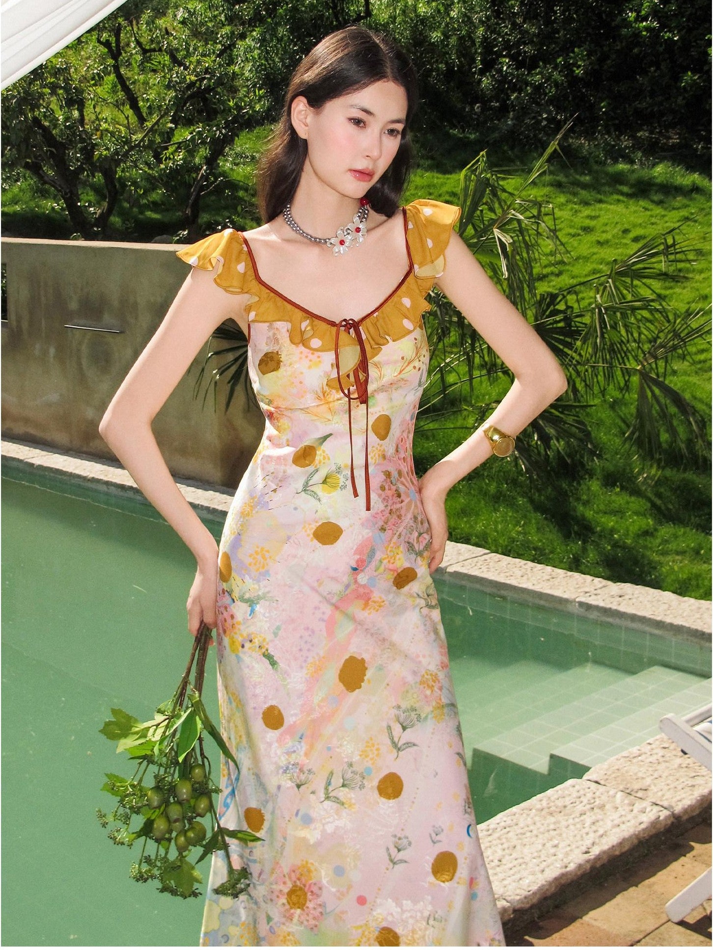 OfAkiva French Floral Ruffle Bias Cut Cinched Waist Mermaid Women&