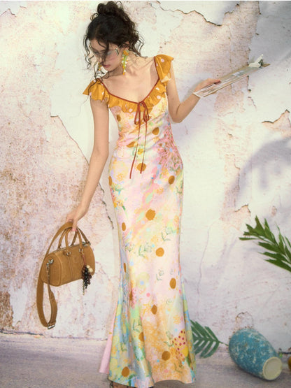 OfAkiva French Floral Ruffle Bias Cut Cinched Waist Mermaid Women&