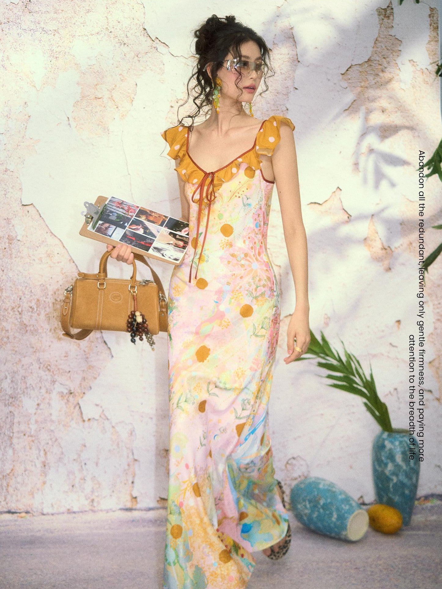 OfAkiva French Floral Ruffle Bias Cut Cinched Waist Mermaid Women&
