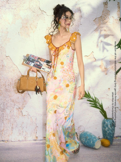 OfAkiva French Floral Ruffle Bias Cut Cinched Waist Mermaid Women&