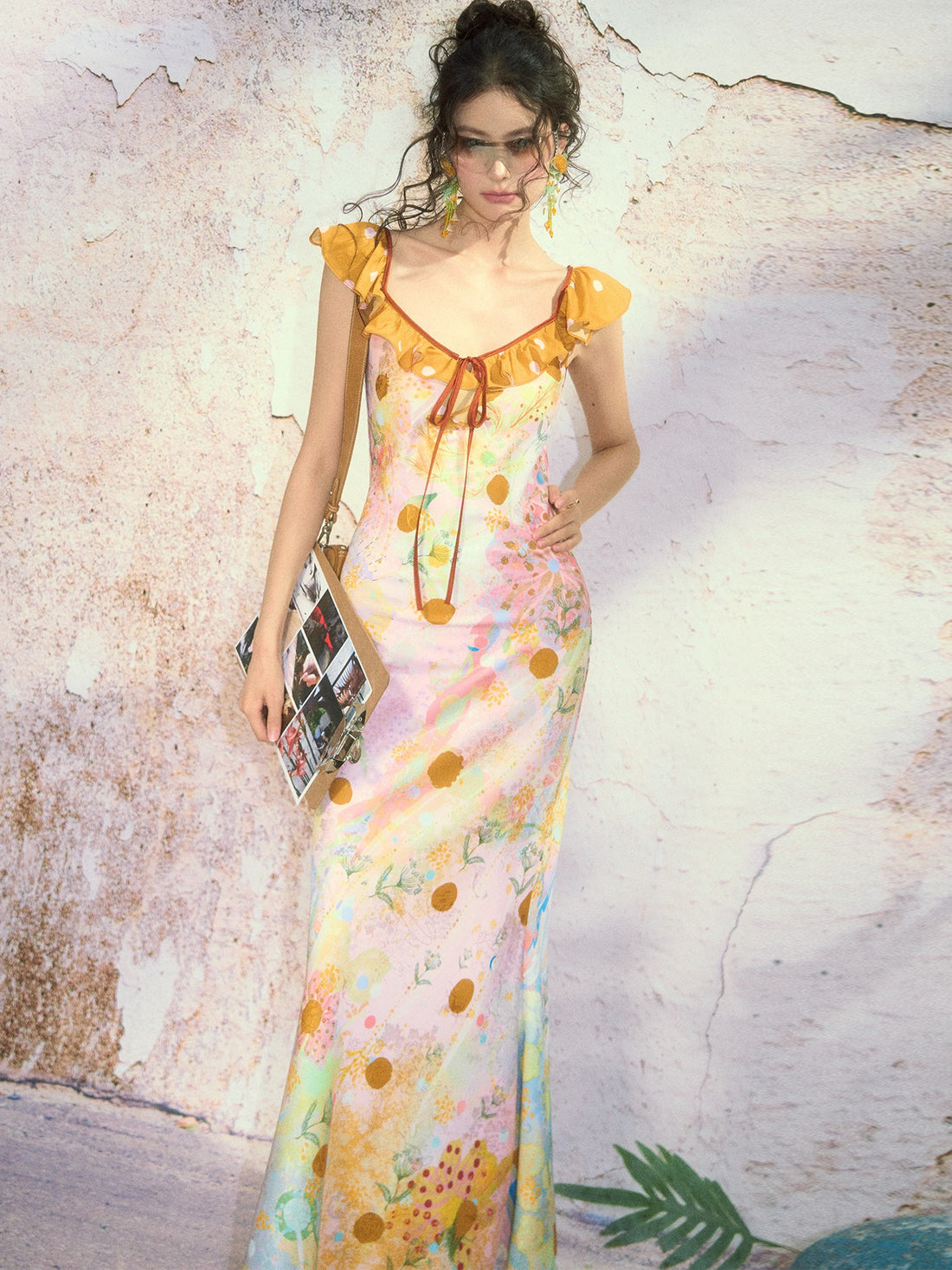 OfAkiva French Floral Ruffle Bias Cut Cinched Waist Mermaid Women&