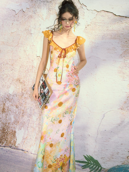 OfAkiva French Floral Ruffle Bias Cut Cinched Waist Mermaid Women&