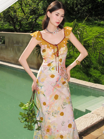 OfAkiva French Floral Ruffle Bias Cut Cinched Waist Mermaid Women&
