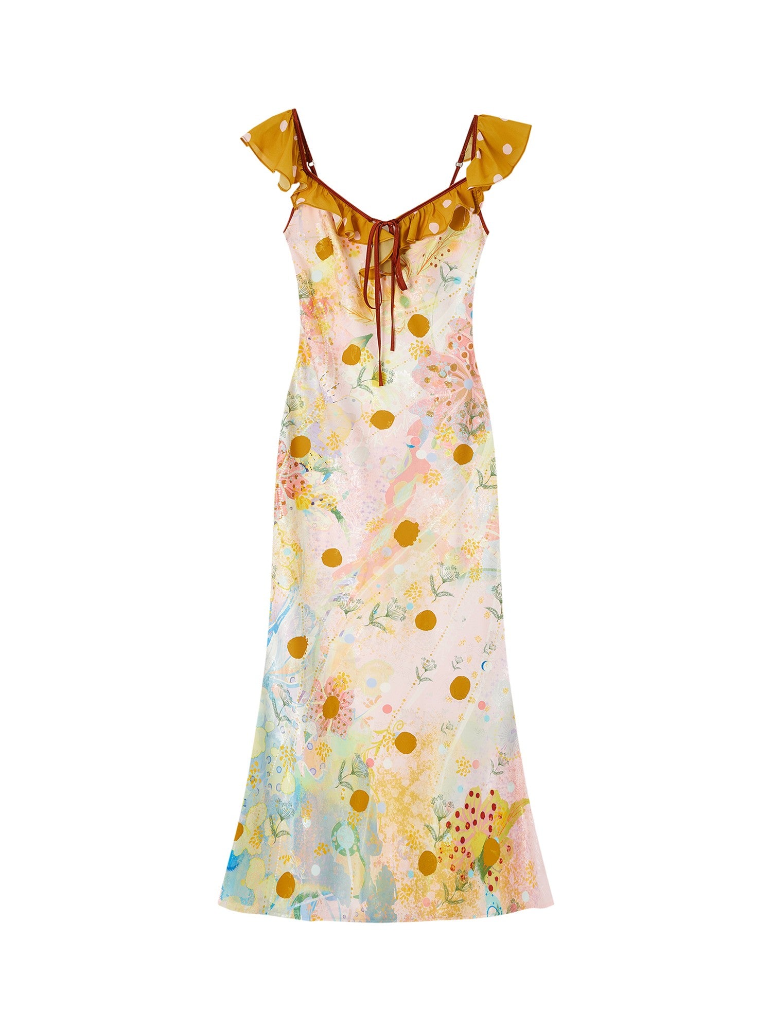 OfAkiva French Floral Ruffle Bias Cut Cinched Waist Mermaid Women&