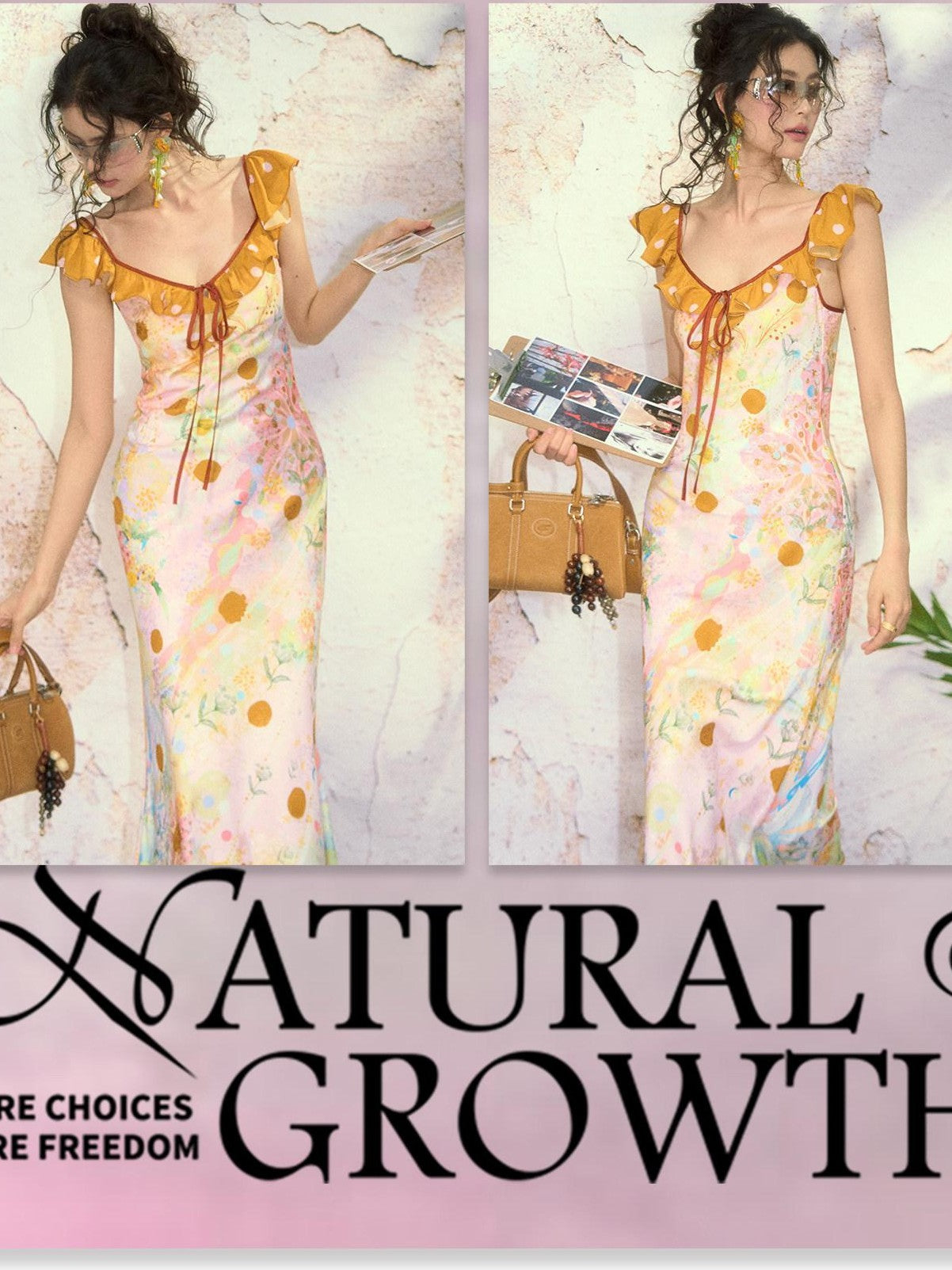 OfAkiva French Floral Ruffle Bias Cut Cinched Waist Mermaid Women&