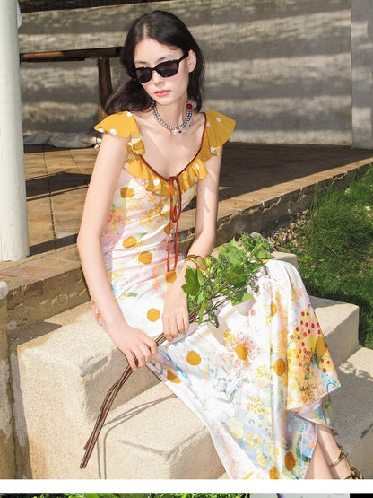 OfAkiva French Floral Ruffle Bias Cut Cinched Waist Mermaid Women&