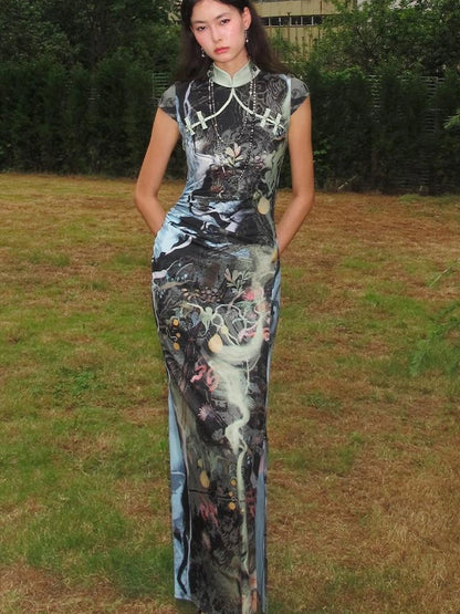 OfAkiva Galactic River Forest Qipao Dress
