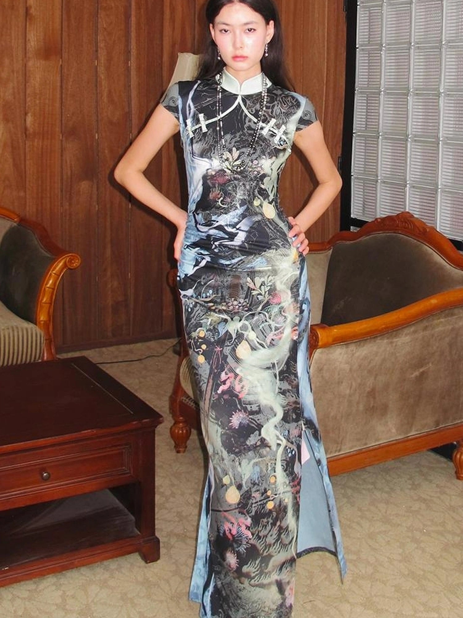 OfAkiva Galactic River Forest Qipao Dress