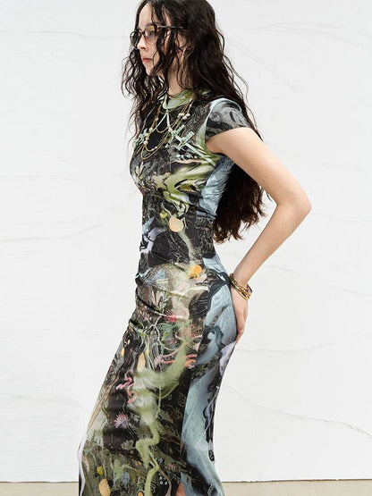 OfAkiva Galactic River Forest Qipao Dress