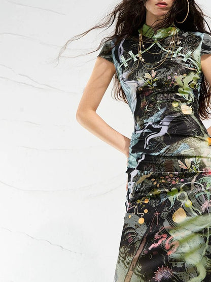 OfAkiva Galactic River Forest Qipao Dress
