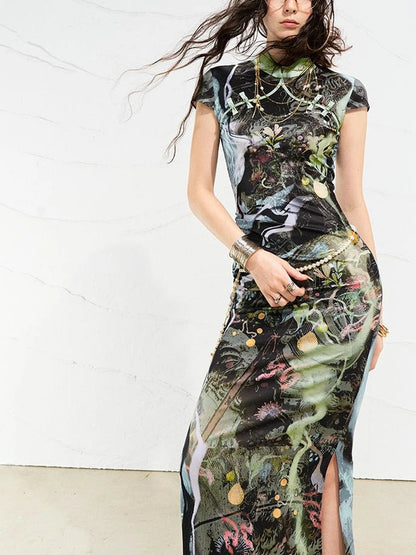 OfAkiva Galactic River Forest Qipao Dress