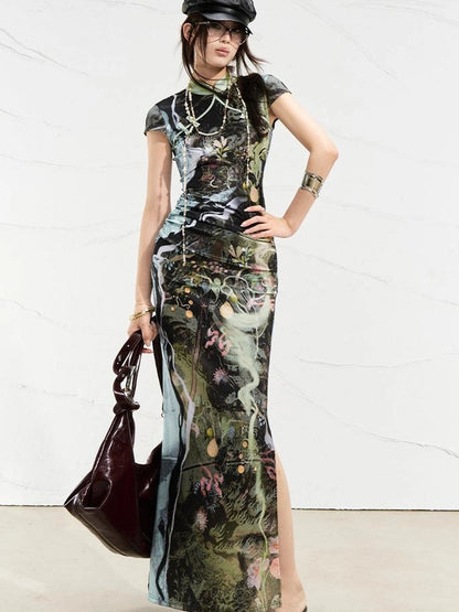 OfAkiva Galactic River Forest Qipao Dress
