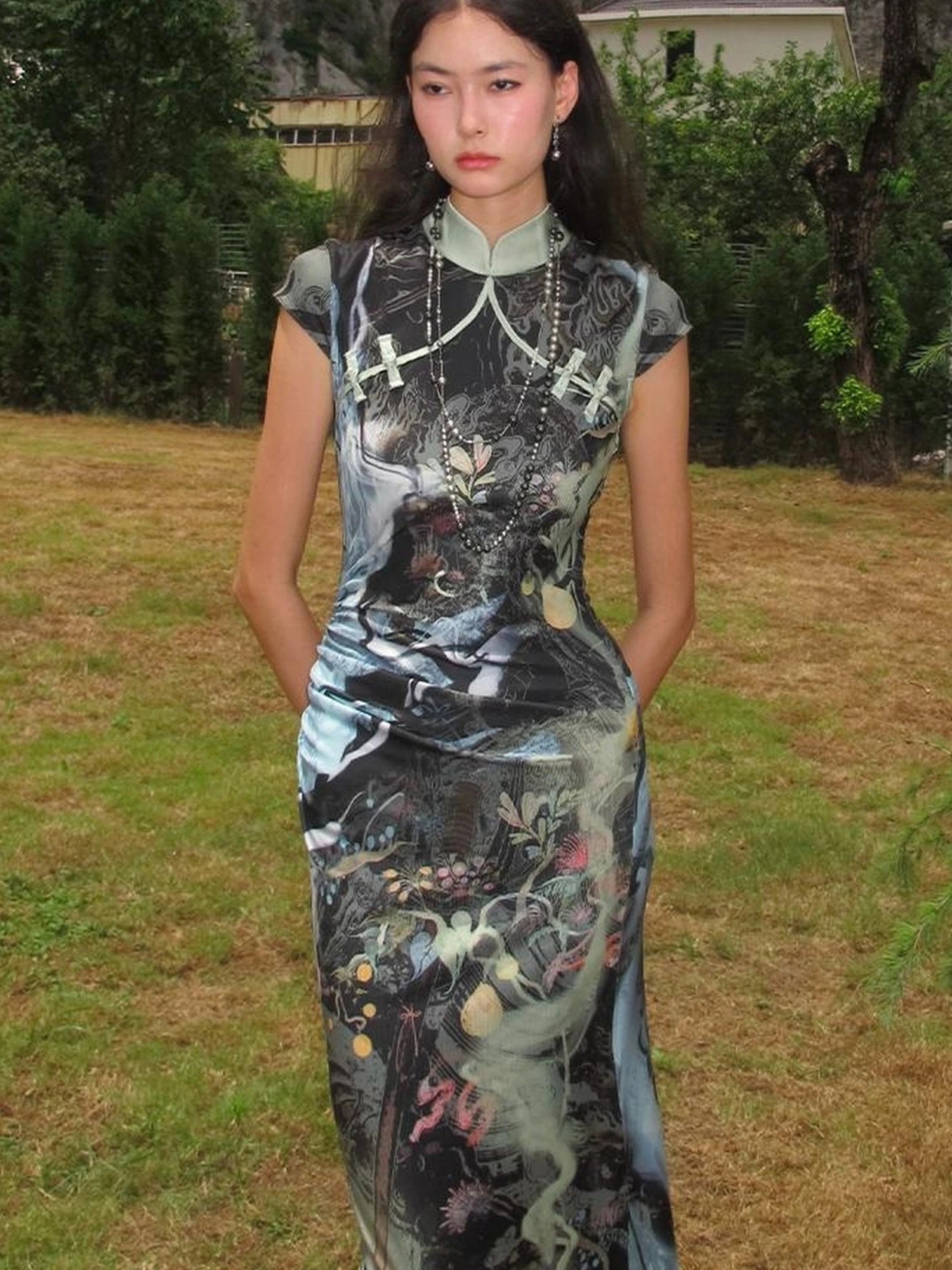 OfAkiva Galactic River Forest Qipao Dress