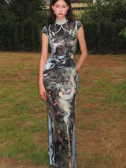 OfAkiva Galactic River Forest Qipao Dress