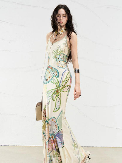 OfAkiva Galaxy Gardenia Floral V-Neck Mermaid Slip Dress