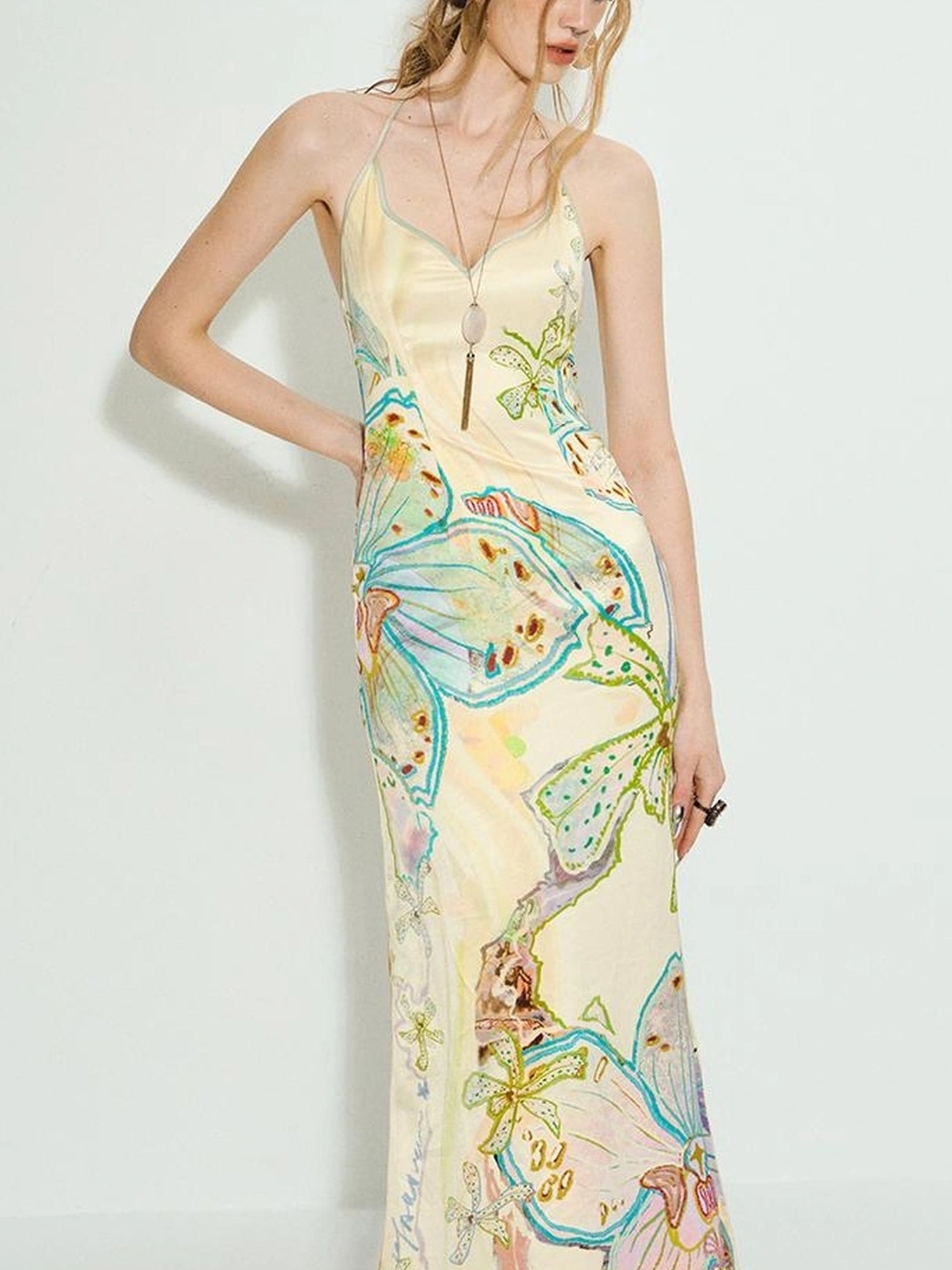 OfAkiva Galaxy Gardenia Floral V-Neck Mermaid Slip Dress