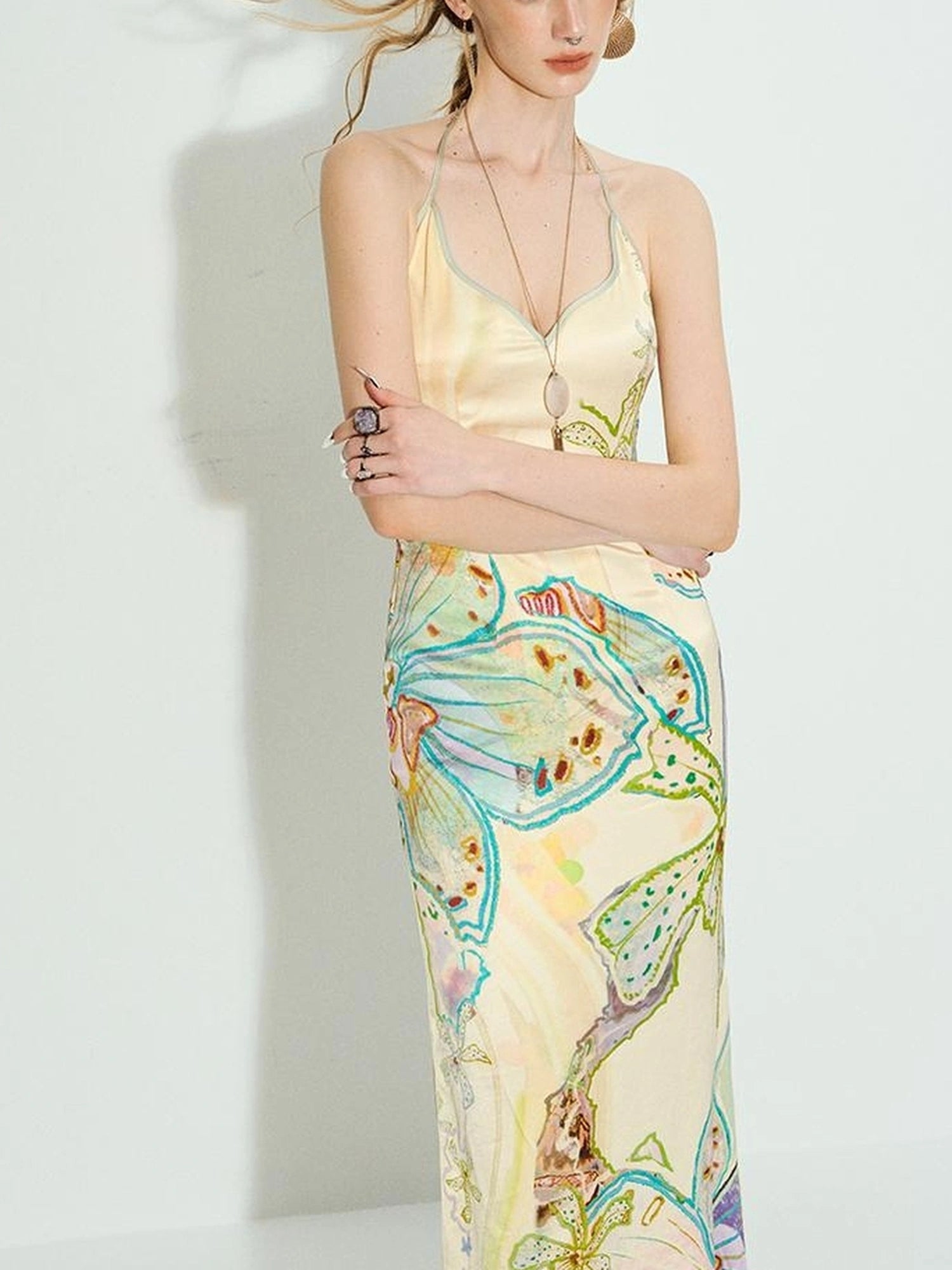 OfAkiva Galaxy Gardenia Floral V-Neck Mermaid Slip Dress