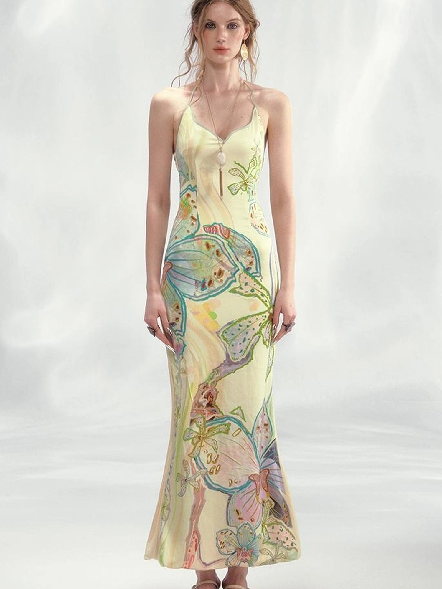 OfAkiva Galaxy Gardenia Floral V-Neck Mermaid Slip Dress