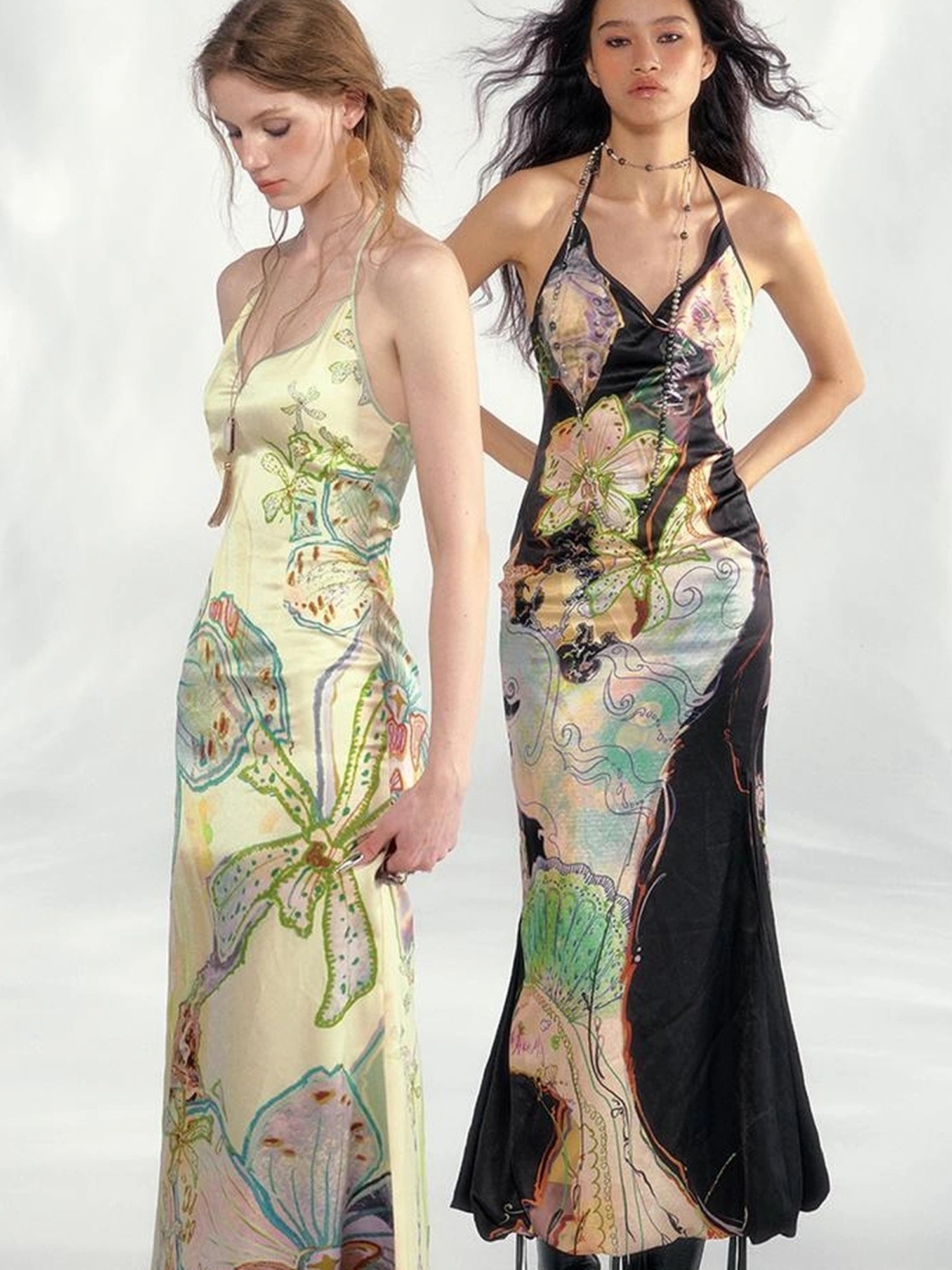 OfAkiva Galaxy Gardenia Floral V-Neck Mermaid Slip Dress