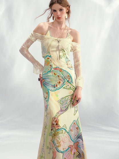 OfAkiva Galaxy Gardenia Floral V-Neck Mermaid Slip Dress