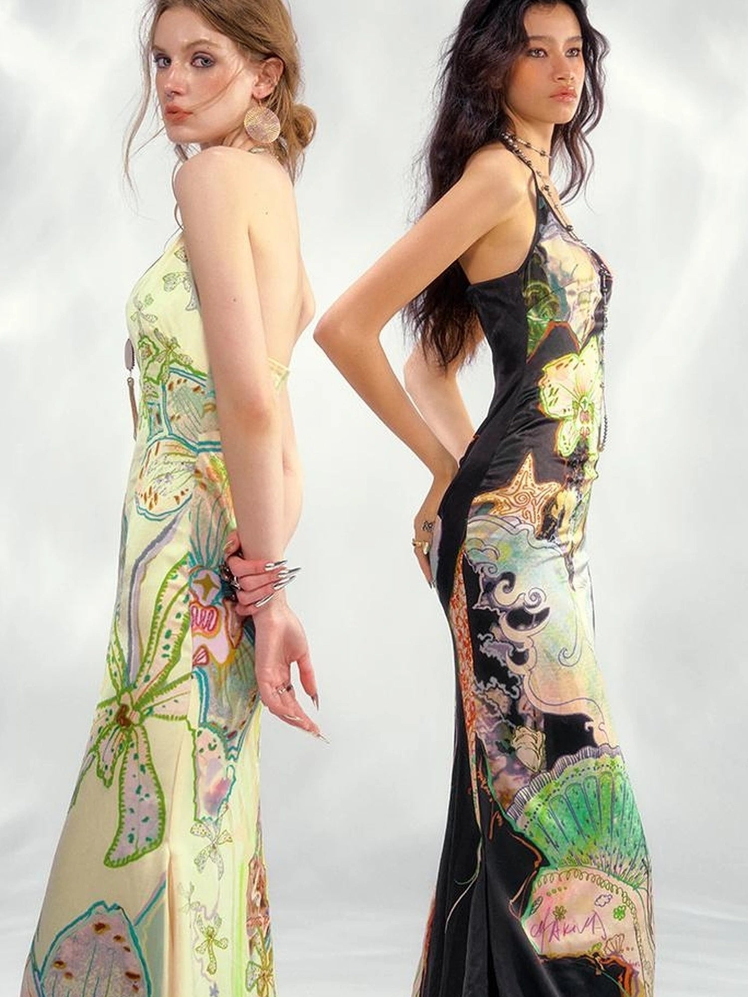 OfAkiva Galaxy Gardenia Floral V-Neck Mermaid Slip Dress