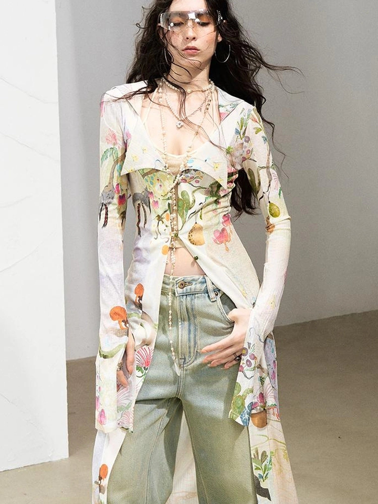 OfAkiva Golden Jade Osmanthus Fantasy Knit V-neck T-shirt Long-Sleeve