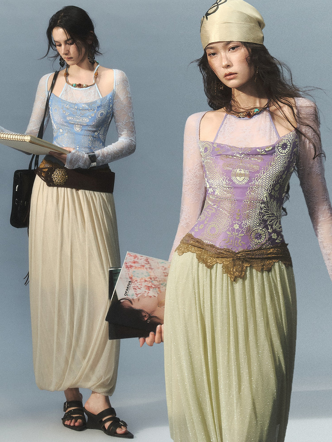 OfAkiva Greek Lace Splice Twist Beaded Faux Two Piece Women&