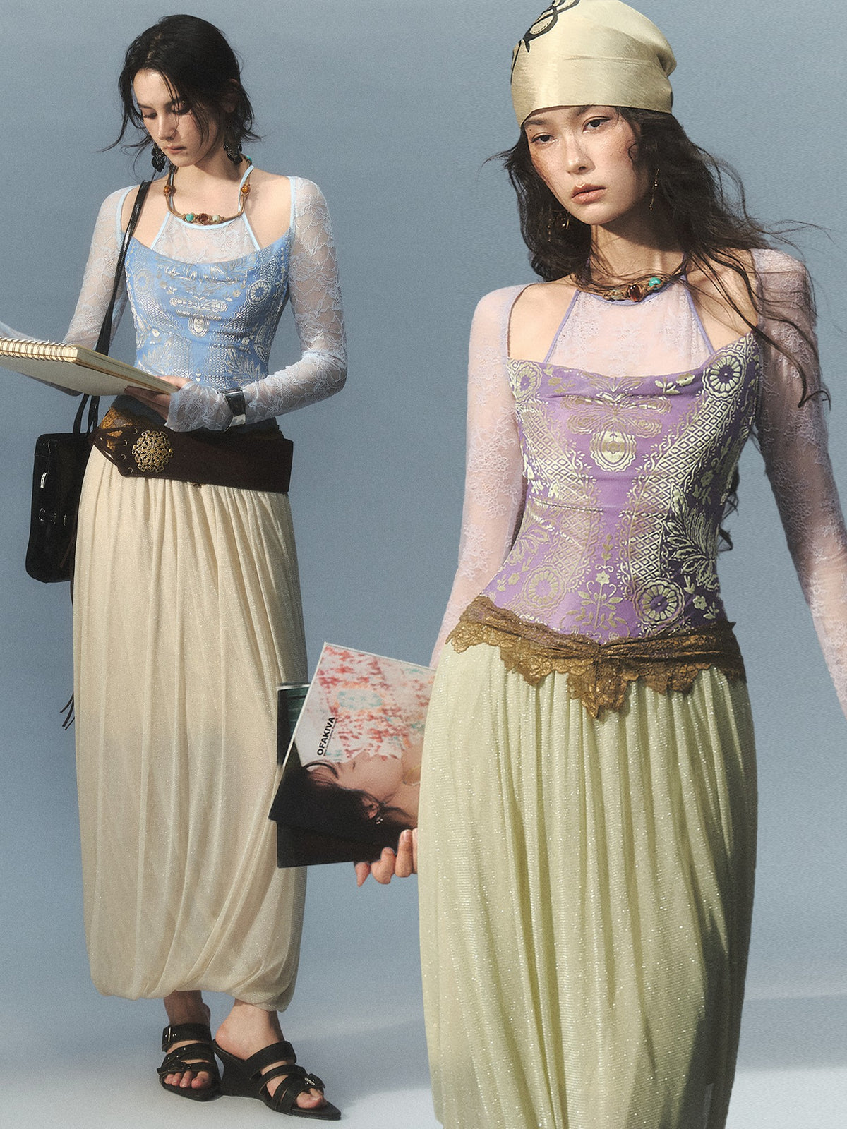 OfAkiva Greek Lace Splice Twist Beaded Faux Two Piece Women&