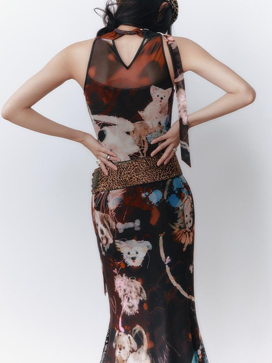 OfAkiva Hand Painted Dog Print Halter V-neck Women&