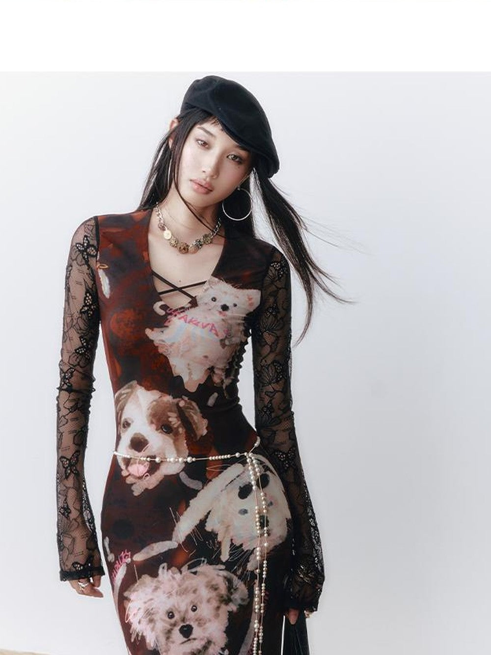 OfAkiva Hand Painted Dog Print Halter V-neck Women&