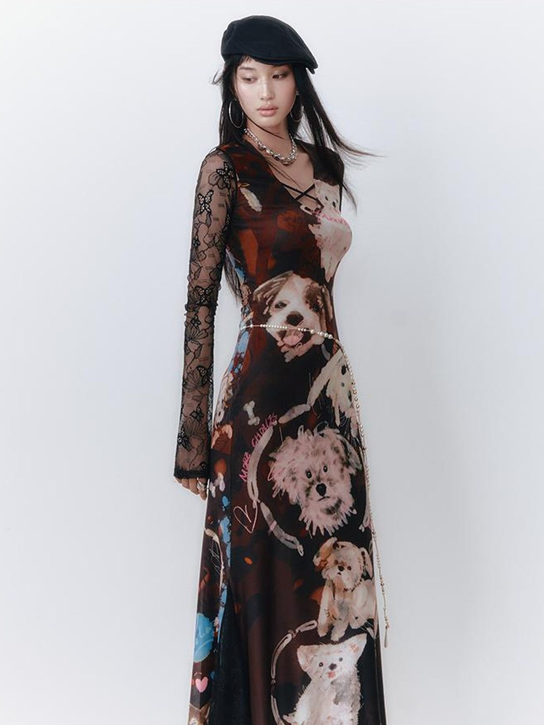 OfAkiva Hand Painted Dog Print Halter V-neck Women&