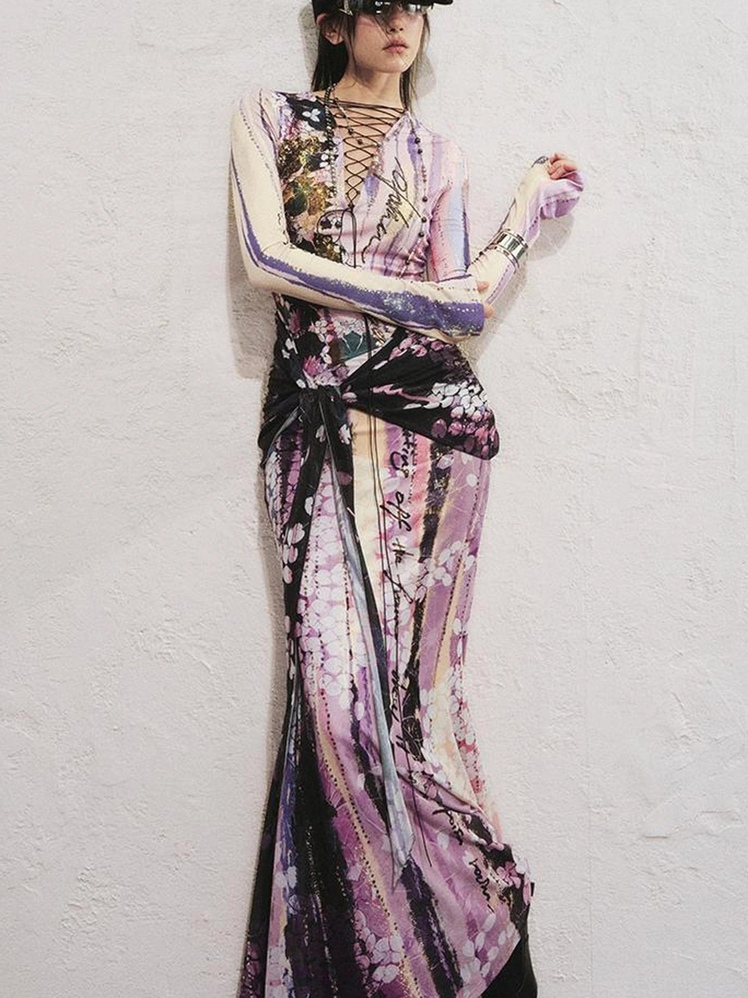 OfAkiva Hand Painted Floral Wrap Midi Dress