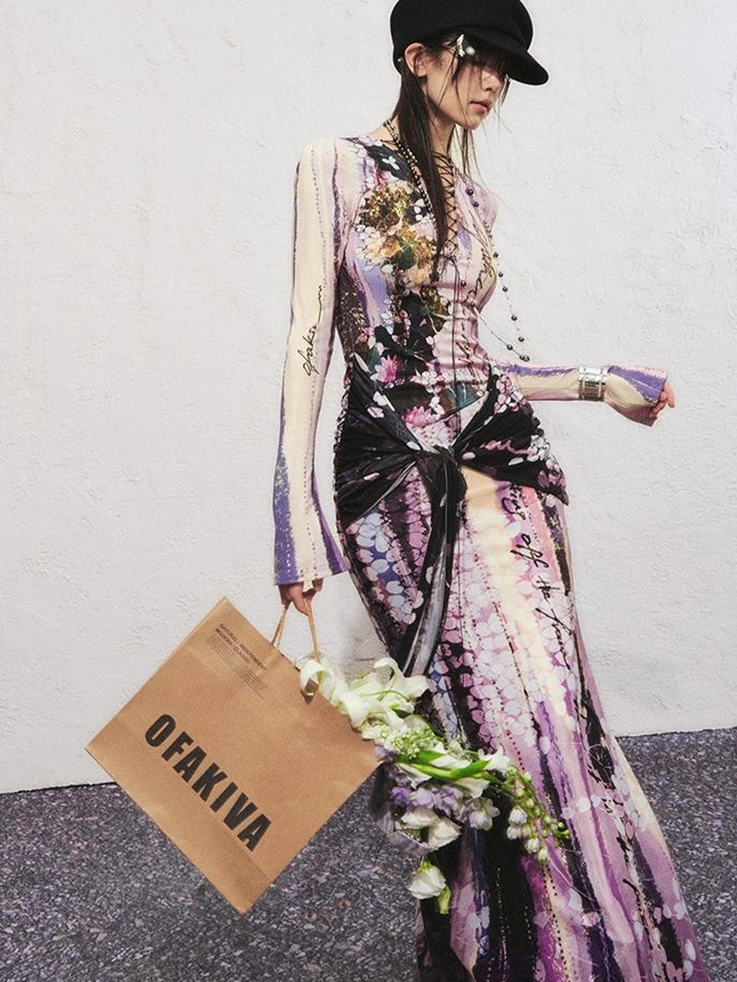 OfAkiva Hand Painted Floral Wrap Midi Dress