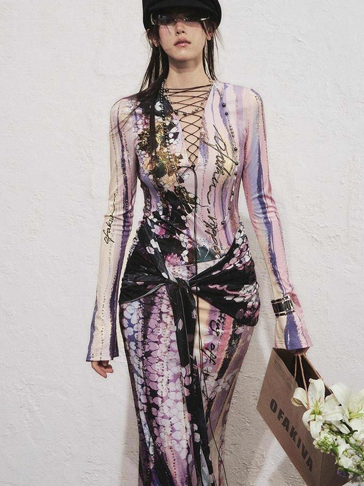 OfAkiva Hand Painted Floral Wrap Midi Dress