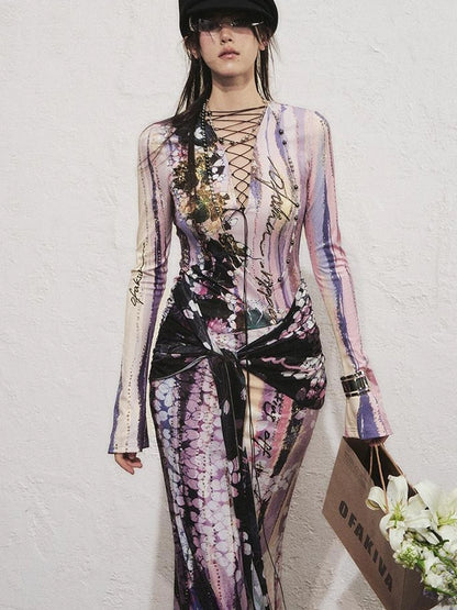 OfAkiva Hand Painted Floral Wrap Midi Dress