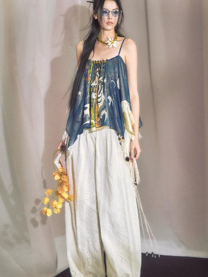 OfAkiva Hand Painted Print Irregular Beaded Square Neck Women&