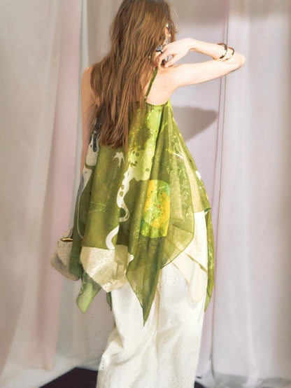 OfAkiva Hand Painted Print Irregular Beaded Square Neck Women&