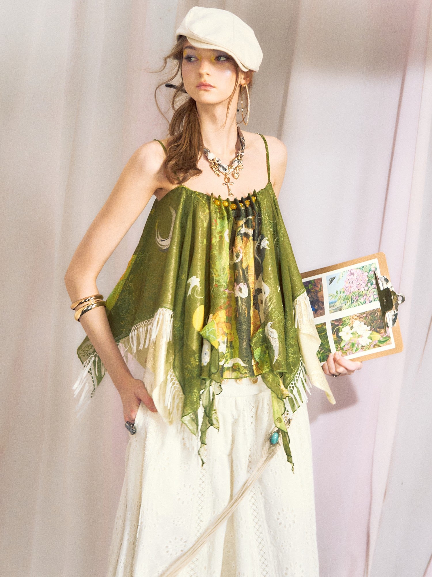 OfAkiva Hand Painted Print Irregular Beaded Square Neck Women&