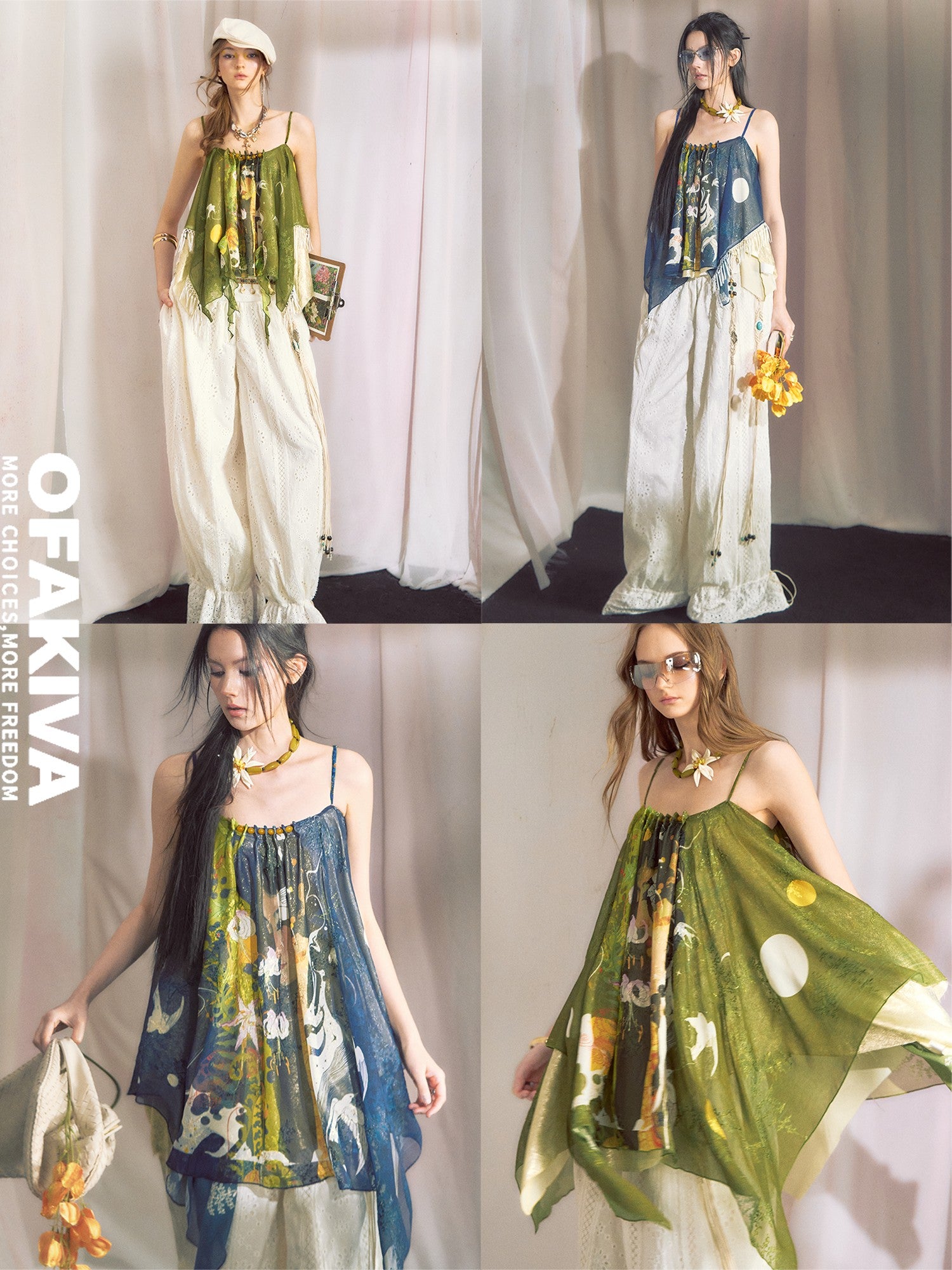 OfAkiva Hand Painted Print Irregular Beaded Square Neck Women&