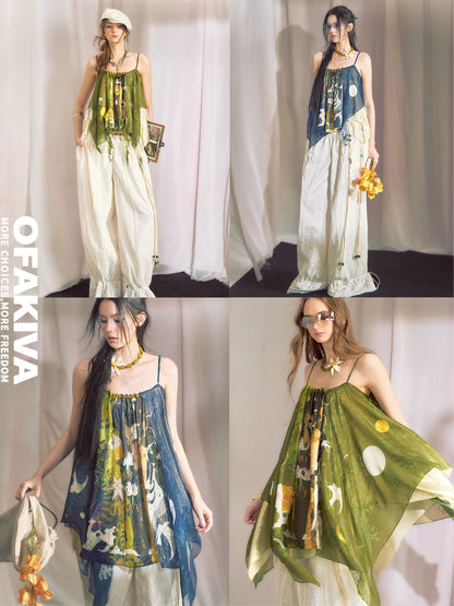 OfAkiva Hand Painted Print Irregular Beaded Square Neck Women&